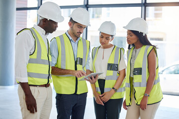 Fototapeta na wymiar Collaboration, construction and architecture team with tablet working, planning or check digital blueprint of building. Meeting, communication discussion and diversity team work on design together