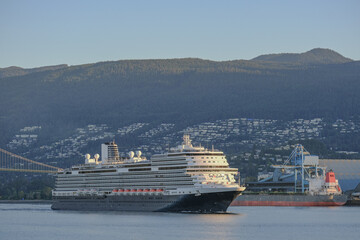 Holland America HAL cruiseship cruise ship liner Koningsdam arrival into Vancouver port, Canada...