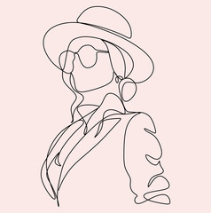 Abstract linear woman in hat. Minimal portrait. Head fashionable accessory. One line continuous. Beauty and glamour concept. Cap headgears for lady. Hand drawn vector illustration.
