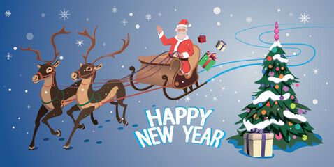Obraz na płótnie Canvas Santa Claus is carrying gifts on reindeer. Vector.