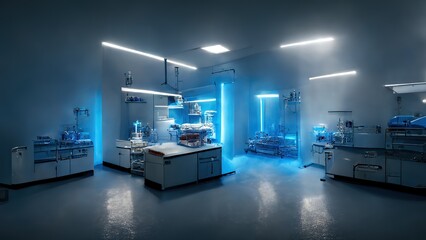 Abstract scientific medical interior blurred background. Blue light. Medical research concept. Ai render.