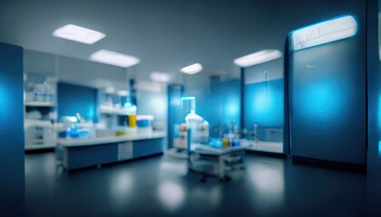 Abstract scientific medical interior blurred background. Blue light. Medical research concept. Ai generated.