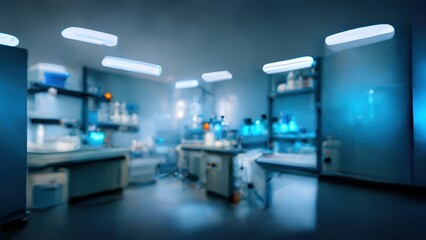 Abstract scientific medical interior blurred background. Blue light. Medical research concept. Ai generated.