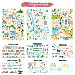 Obraz premium Custom map creation set for kids and travel designs with houses, animals, trees, plants, flowers, roads, cars and vehicles, airplane and weather items. Includes three designs of maps