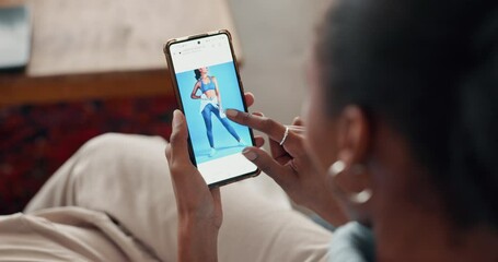 Website, online shopping and fashion with phone and hands of black woman for sports and fitness style with ecommerce, retail and search on app. Technology, internet and app with customer at home