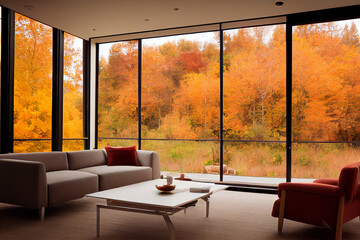 Contemporary living room in autumn colours, digital art