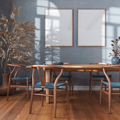 Wooden retro dining room in white and blue tones. Table with chairs, parquet, decors and frame mockup. Farmhouse interior design