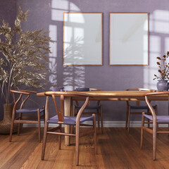 Wooden retro dining room in white and purple tones. Table with chairs, parquet, decors and frame mockup. Farmhouse interior design