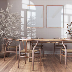 Bleached wooden retro dining room in white and beige tones. Table with chairs, parquet, decors and frame mockup. Farmhouse interior design