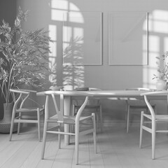 Total white project draft, wooden retro dining room. Table with chairs, parquet, decors and frame mockup. Farmhouse interior design