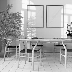 Blueprint unfinished project draft, wooden retro dining room. Table with chairs, parquet, decors and frame mockup. Farmhouse interior design