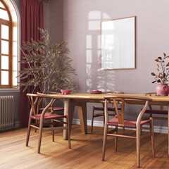 Scandinavian vintage dining room in red and beige tones. Wooden table with chairs, parquet, decors and frame mockup. Farmhouse interior design