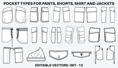 Patch pocket flat sketch vector illustration set, different types of Clothing Pockets for jeans pocket, denim, sleeve arm, cargo pants, dresses, bag, garments, Clothing and Accessories