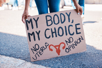 Protest, woman and human rights poster for abortion activism choice, decision and discrimination....