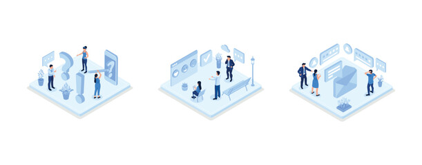 Feedback and review illustration set. Characters giving positive feedback to helpdesk service. Rating scale and customer satisfaction concept, set isometric vector illustration