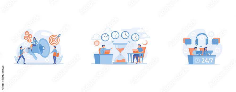 Aufkleber businessman look with magnifier at target group, busy businessmen with laptops near hourglass workin
