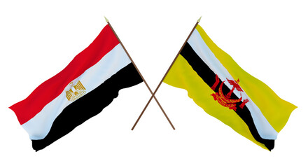 Background, 3D render for designers, illustrators. National Independence Day. Flags Egypt and Brunei