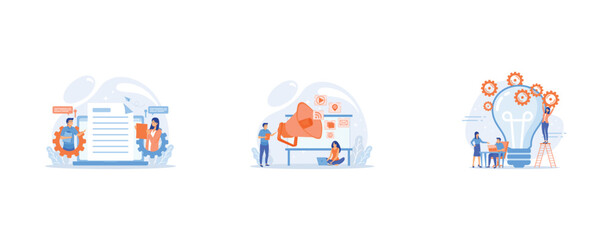 Business team editing shared document on laptop online, Marketing team work and huge megaphone with media icons, Business team putting gears on big lightbulb, set flat vector modern illustration