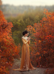 fantasy woman walking in autumn nature orange forest. Girl renaissance style princess. Women's long...