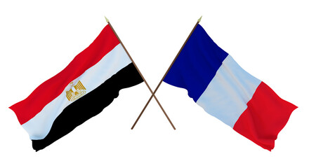 Background, 3D render for designers, illustrators. National Independence Day. Flags Egypt and France