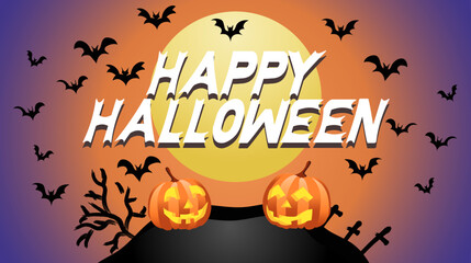 Halloween illustration with pumpkins, graveyard and full moon with copy space. Happy Halloween card with pumpkins next to cemeteries and full moon in background. Halloween card with pumpkins