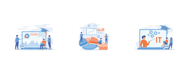Computing and hi tech classes, Business statistics, financial report, company performance analysis concept, Programming, coding learning, set flat vector modern illustration
