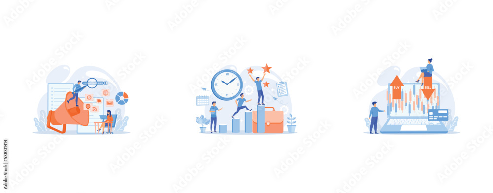 Poster business team with megaphone and media icons work on search engines optimization, businessman sets g