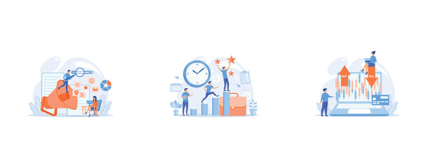 Business team with megaphone and media icons work on search engines optimization, Businessman sets goals and runs up on graph columns for success on time, Tiny people stock traders at laptop with grap