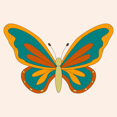 Fototapeta na wymiar Retro 60s 70s hippie groovy butterfly for cards, stickers or poster design. Flat vector illustration
