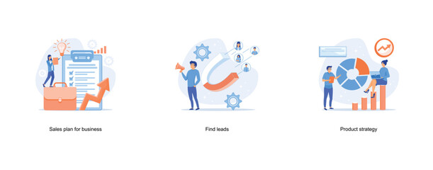 Business strategy planning, Find leads abstract concept, Marketing team working on personal brand, creating corporate identity, advertising profile or web site of female professional, set flat vector 