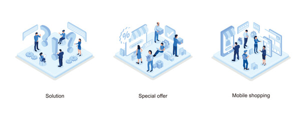 Problem and solution concept, Discount sale concept with characters, Online shopping , isometric vector modern illustration - obrazy, fototapety, plakaty