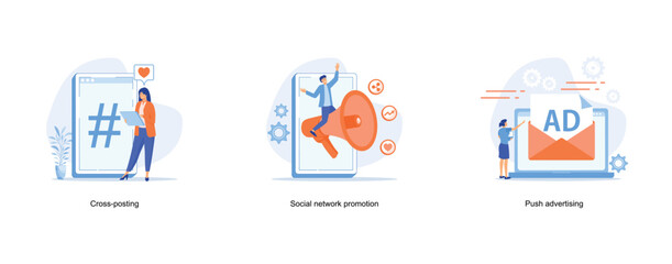 Fototapeta premium Cross-posting abstract concept, Social media marketing, digital promo campaign, Push notification advertising, internet promotion, ad network, traditional strategy, interruption marketing, mobile app 