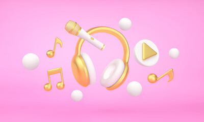 Gold and white headphones, microphone and musical notes flying over pink background