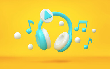 Headphones and musical notes flying over yellow background. Music app concept