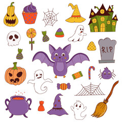 Funny halloween set: pumpkin, ghost, witch hat, bat, sweets, spider, broom. Trick or treat concept. Vector illustration in hand drawn style
