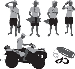 Collection of vector silhouettes of a lifeguard in different poses and on a quad bike
