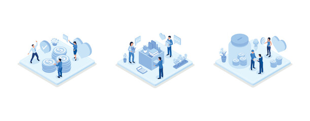 Volunteers collecting food and clothes in donation box. Characters putting money in jar. Charity and financial support concept, set isometric vector illustration