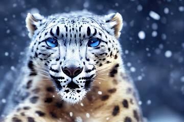 Fototapeta na wymiar winter scene in Himalayan snow-covered mountains showing a snow leopard's head. Panthera uncia species, also known as the ounce, lives in Central and South Asian mountains. 3D rendering copy space