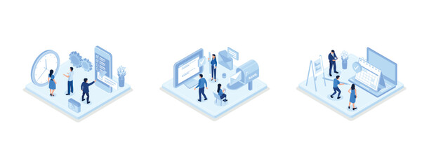 Characters planning work tasks, filling check list, making schedule using calendar. Business and organization concept,