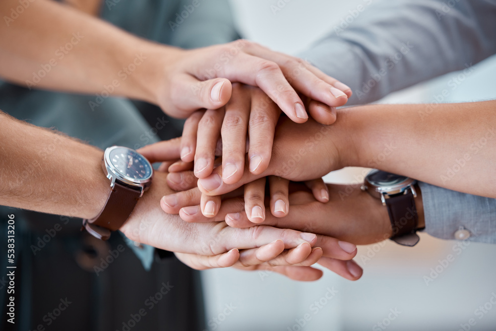 Poster Diversity, hands and support for team trust, care and unity piling in collaboration for community. Closeup hand of people in teamwork solidarity, partnership or agreement for business success