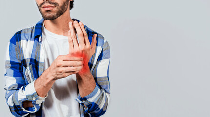 People with arthritis and hand pain, Man with pain in hands with copy space, Young suffering person...