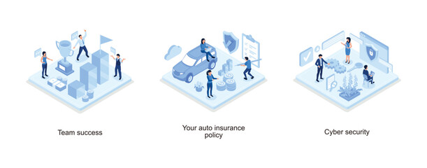 Success concept banner, Man Character Signing Car Insurance Policy Form, Personal Information and Data Safety, isometric vector modern illustration