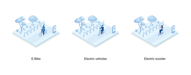 Characters in modern eco city driving electric motorcycle, e-bike and scooter. Eco friendly vehicle concept, set isometric vector illustration