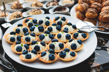 Catering table, beautifully decorated banquet with variety of with different food snacks appetizers on corporate birthday party event or wedding celebration, canape, salad, delicatessen setting
