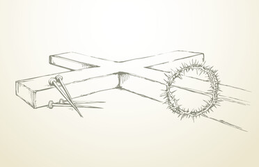 Wooden cross and iron nails. Vector drawing