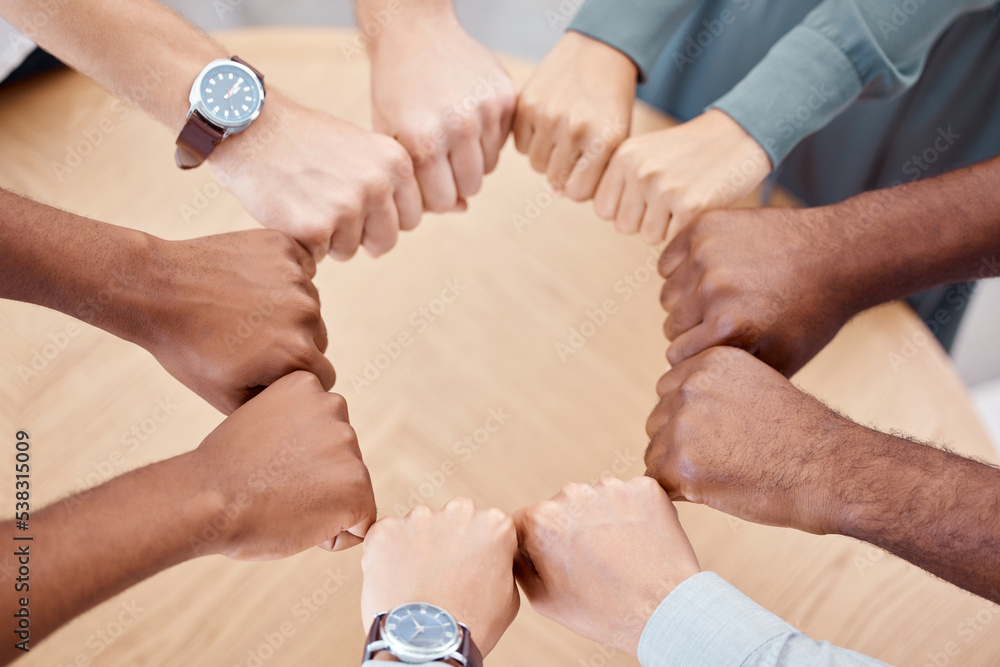 Poster circle, fist and diversity for solidarity, above and teamwork in office for power, unity and collabo