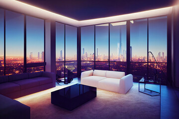 Luxury loft apartman interior, night city life, tokyo skyscrapers, metropolis background