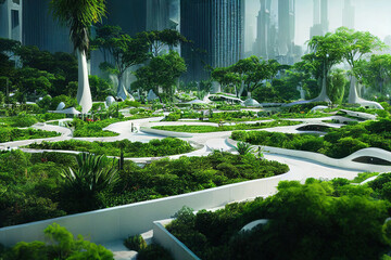 futuristic white city in the middle of the garden of eden, white towers and skyscrapers, beautiful lush green forest environment, walkways and rivers - obrazy, fototapety, plakaty