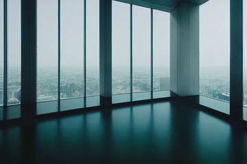 Luxury empty loft apartman interior, night city life, tokyo skyscrapers, metropolis background