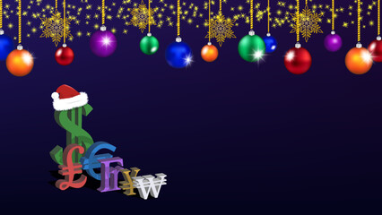 Sample of vector festive New Year poster. 3d symbols of dollar, pound, euro, franc, yen and won. Colored Christmas balls, sparks and snowflakes on a dark background